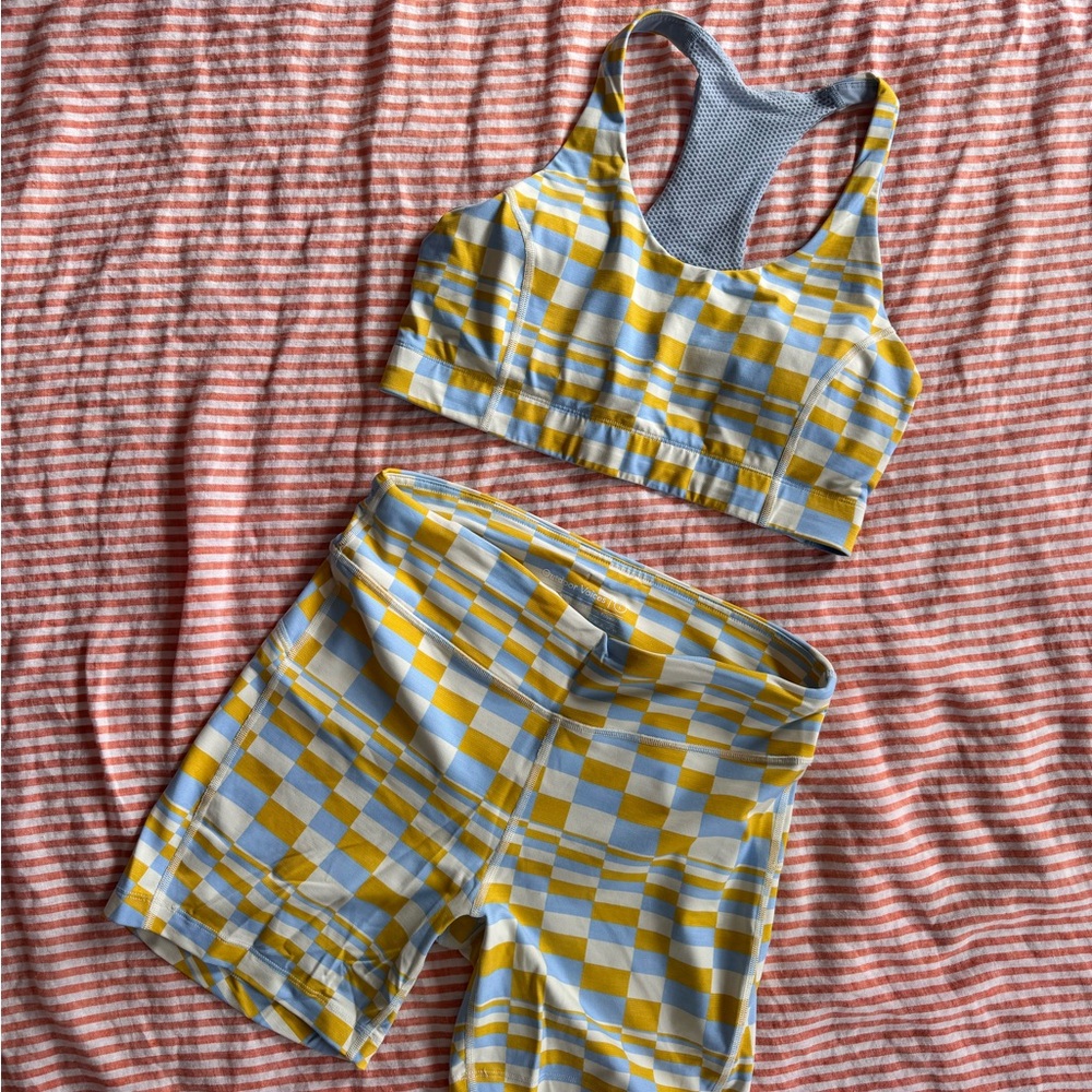 Outdoor Voices Yellow and Blue Check Sports Bra and Shorts Set - L